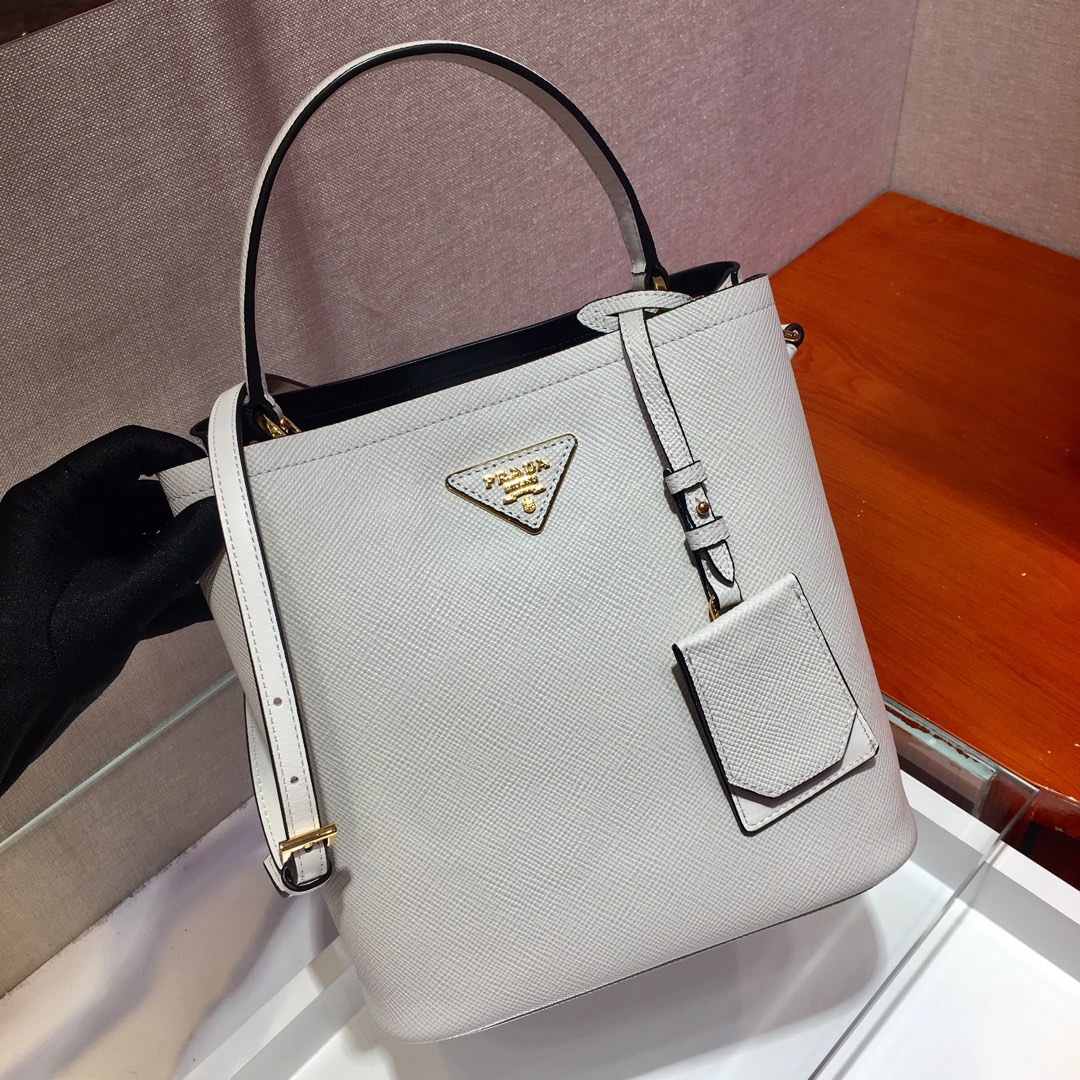 Prada Medium Panier Saffiano Leather Bag White/Black 1BA212